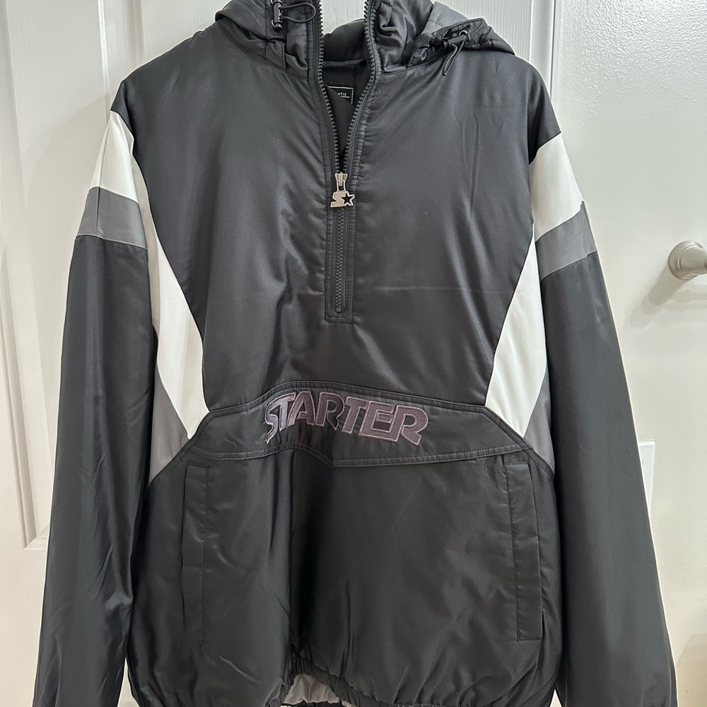 Starter Retro-Style Black and Gray Half-Zip Hooded Pullover Jacket